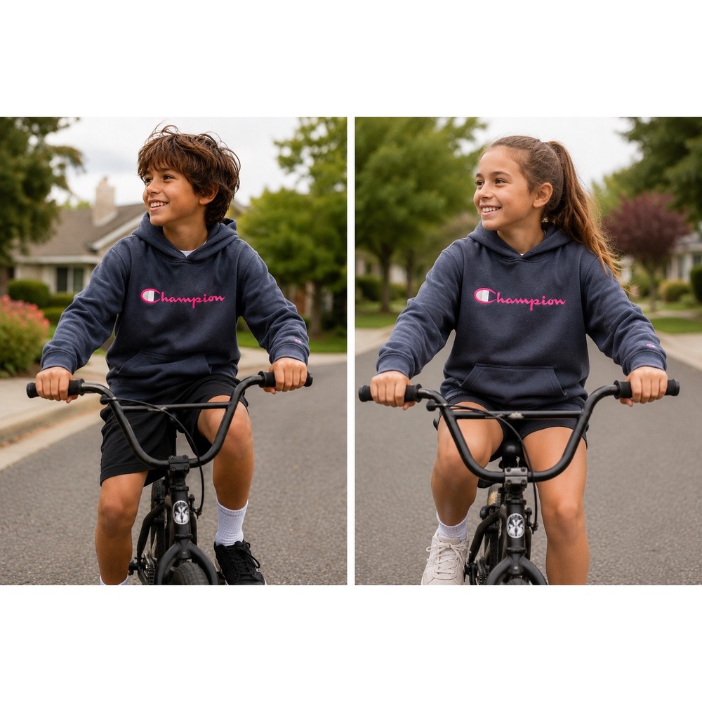 Champion Hoodie Pullover Navy Blue Pink Script Logo Raglan Sweatshirt Kids XL